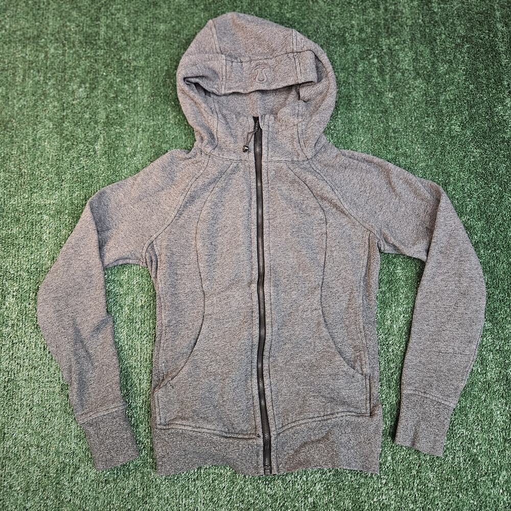 Lululemon Hoodie Womens 4 Gray Scuba Full Zip Fleece Thumbholes Logo Jacket READ
